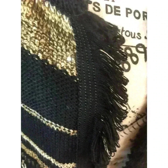 Chico’s Size 2 Large Black Gold Stripe Open Front Sweater Fringe Sequins - Picture 2 of 8